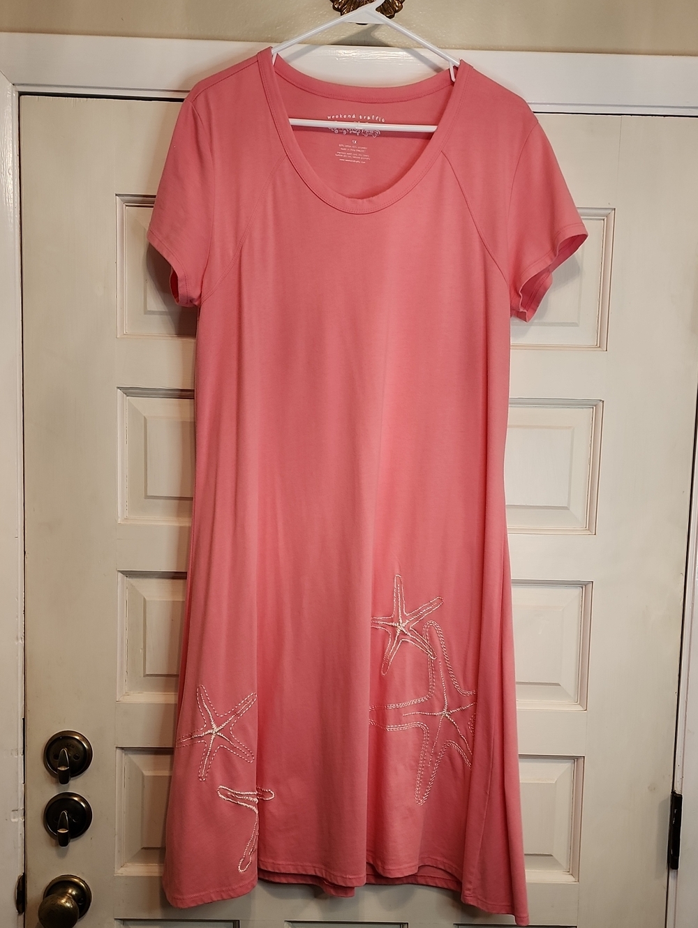 Coral Starfish Embroidered A-Line Dress Stitched Short Sleeves